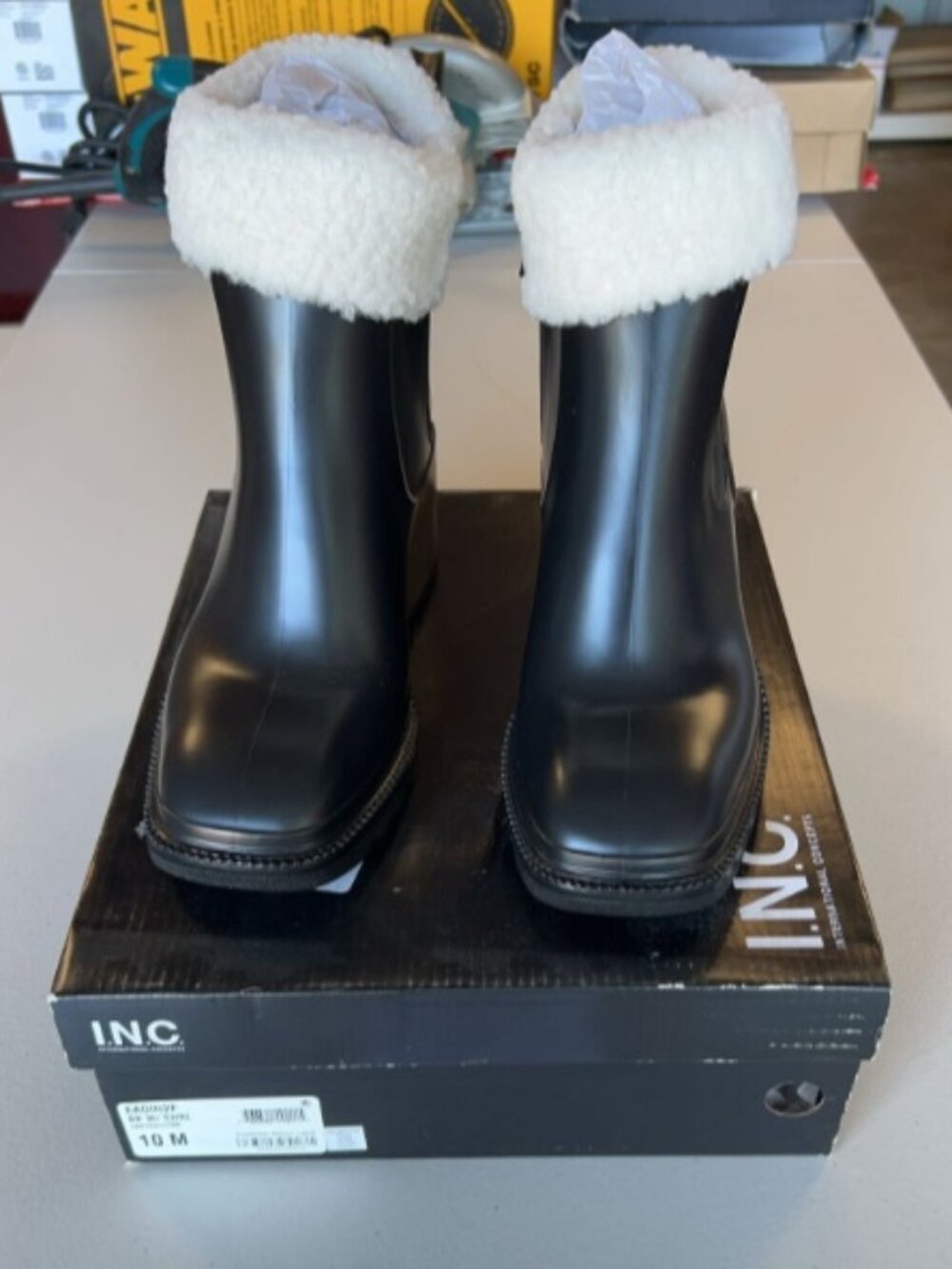 I.N.C. International Concepts Black Ankle Rain Boots with Cream Trim, Size 10